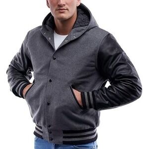 Varsity Base Letterman Hoodie Jacket - Oxford Grey/Black Leather Sleeves (Large)